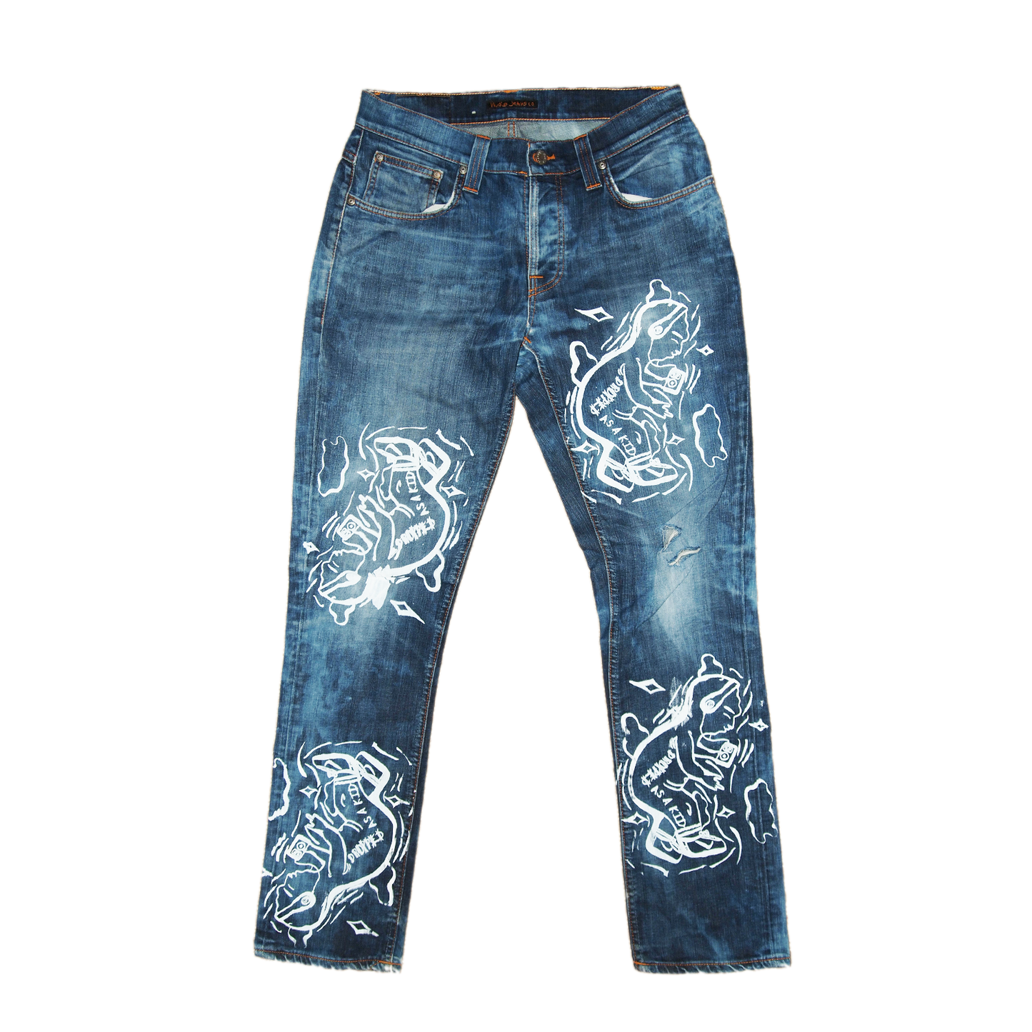 bleach dyed, hand printed nudie jeans