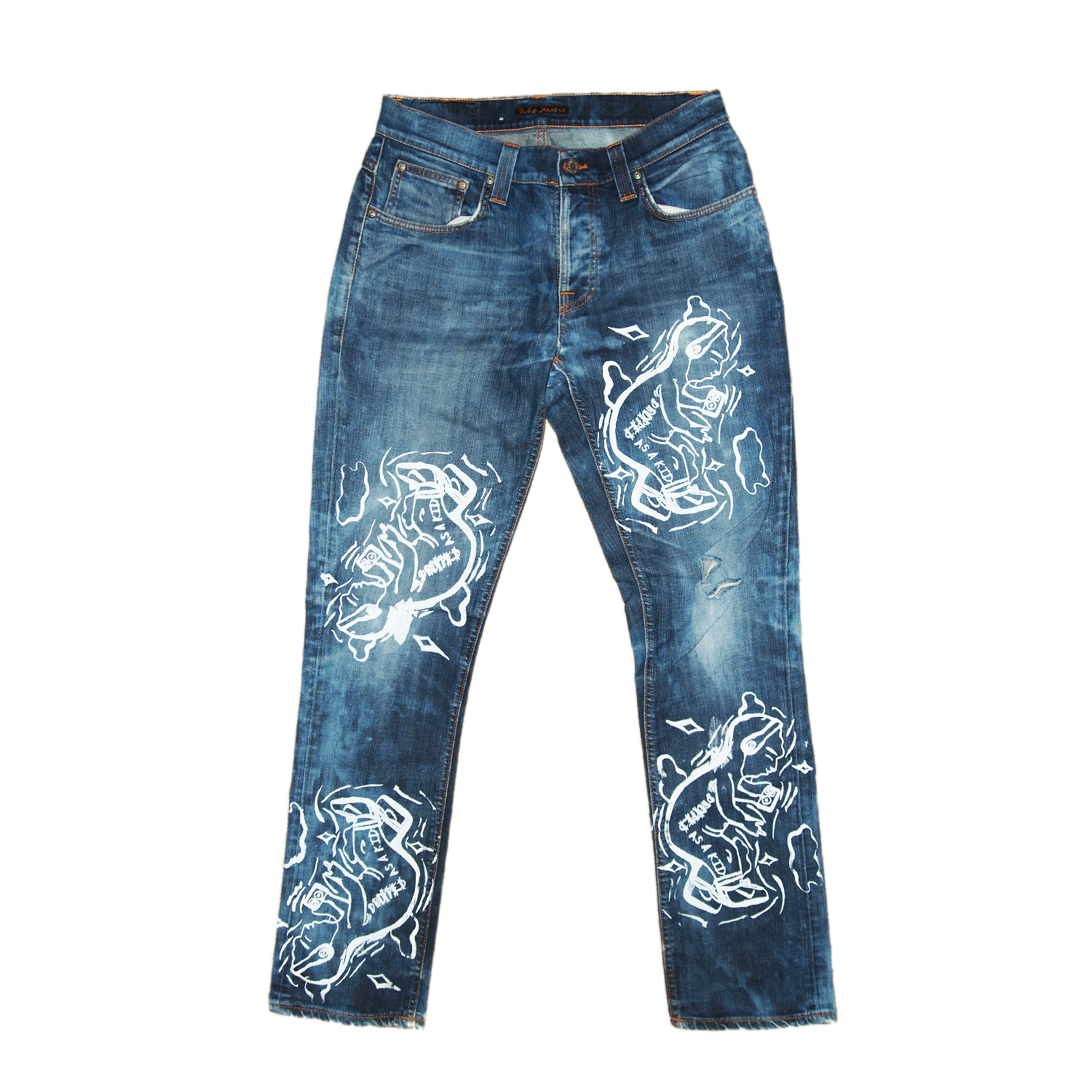 bleach dyed, hand printed nudie jeans