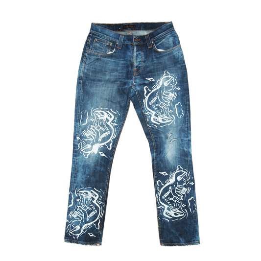 bleach dyed, hand printed nudie jeans