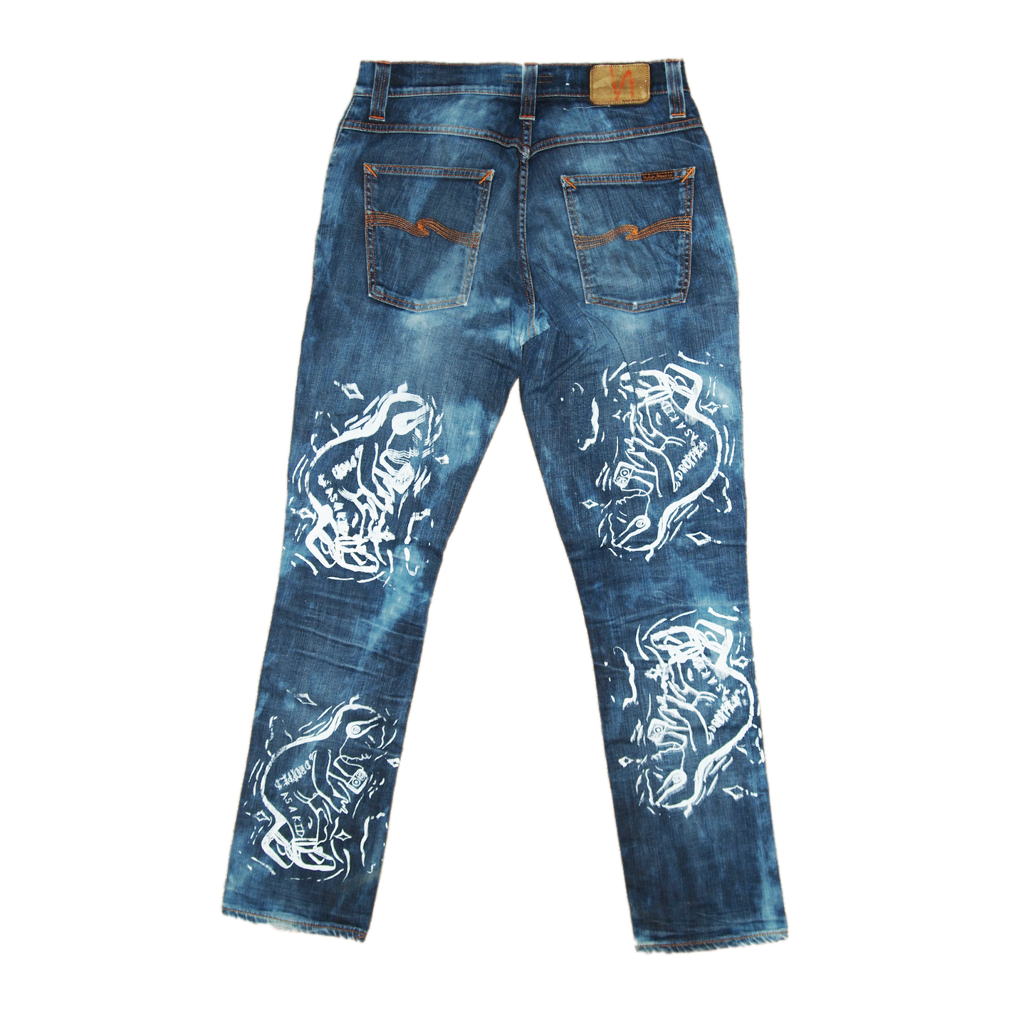 bleach dyed, hand printed nudie jeans