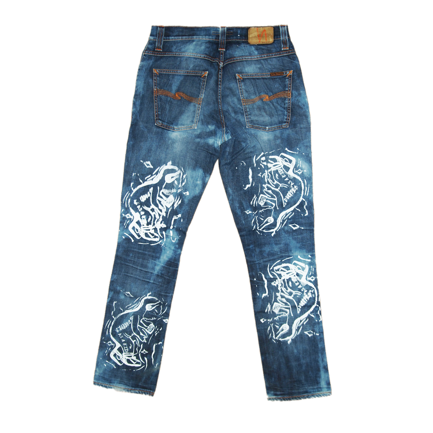 bleach dyed, hand printed nudie jeans