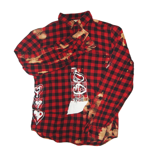 Front view of bleach-dyed flannel with two screen printed designs
