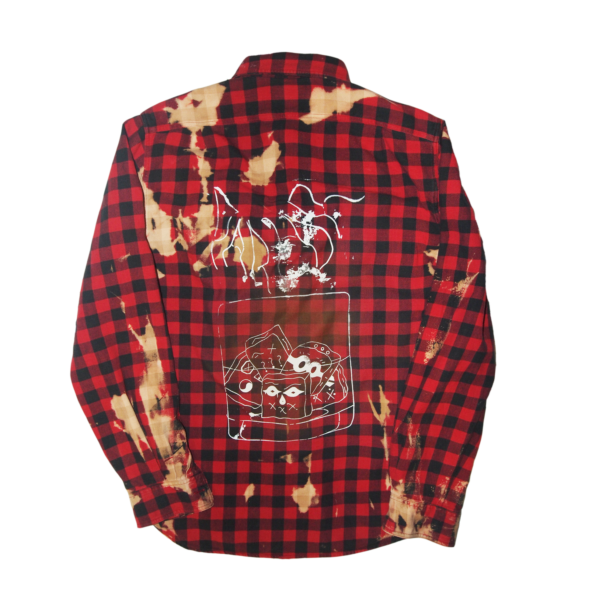 Back view of bleach-dyed flannel with 2 screen printed designs